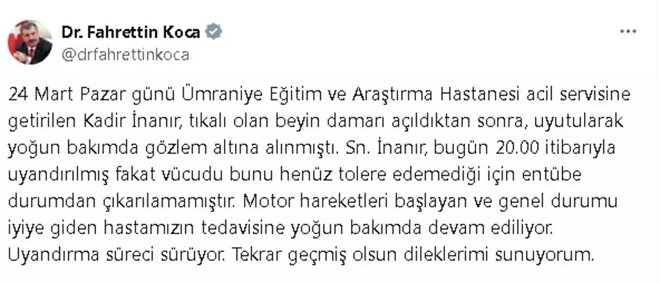 Bakan Koca: Kadir İnanır entübe durumdan çıkarılamamıştır